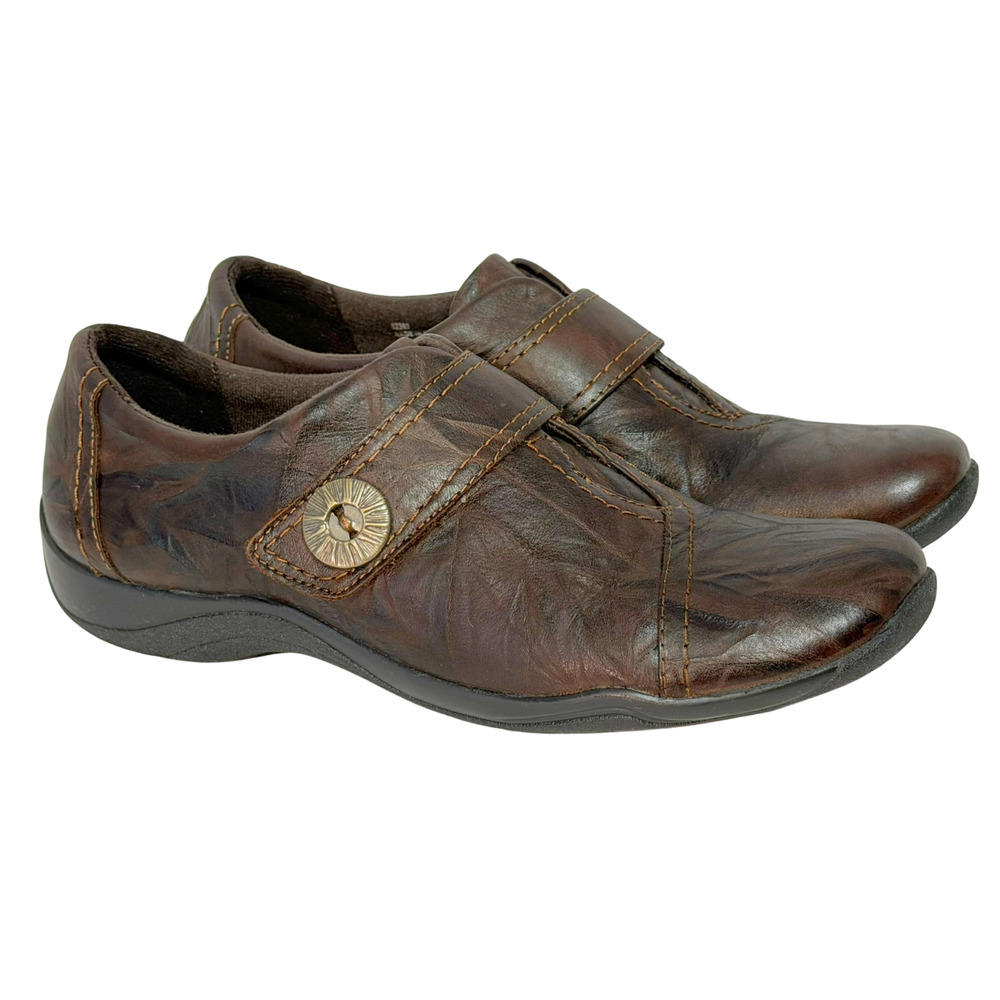 Clarks Artisan Sz 10 Kessa Slip-In Loafers Shoes Strap Close Brown Leather 62392